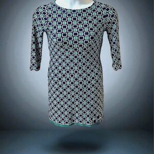 TALBOTS Women's Petite Blue & Green Geometric 1/2 Sleeve Mini Sheath Dress NWOT